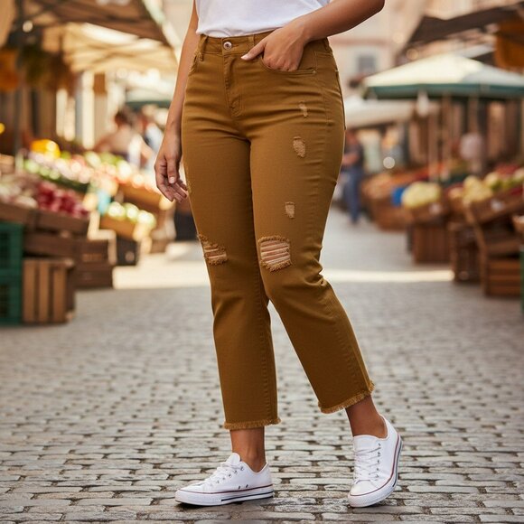 Turquoise Haven Size 1X Mustard Brown Distressed Frayed Hem Straight Jeans Pants - Picture 1 of 10